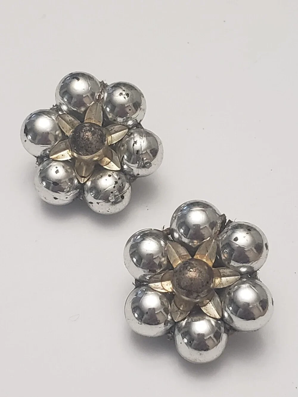 VINTAGE Metallic Silver Bead Cluster Clip On Earrings